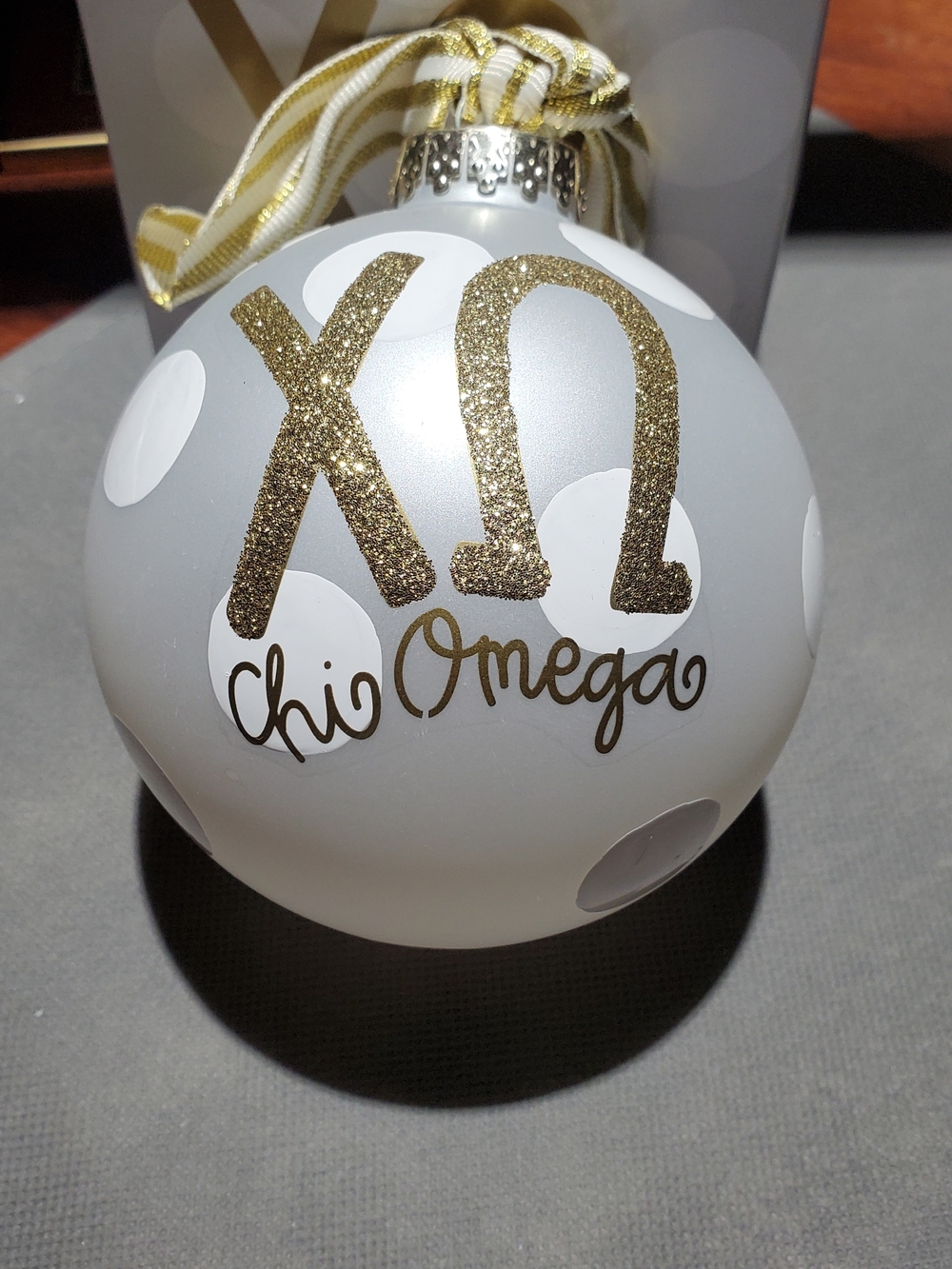 Vintage Chi Omega Sorority White & Gold Glass Ornament W/ Box
